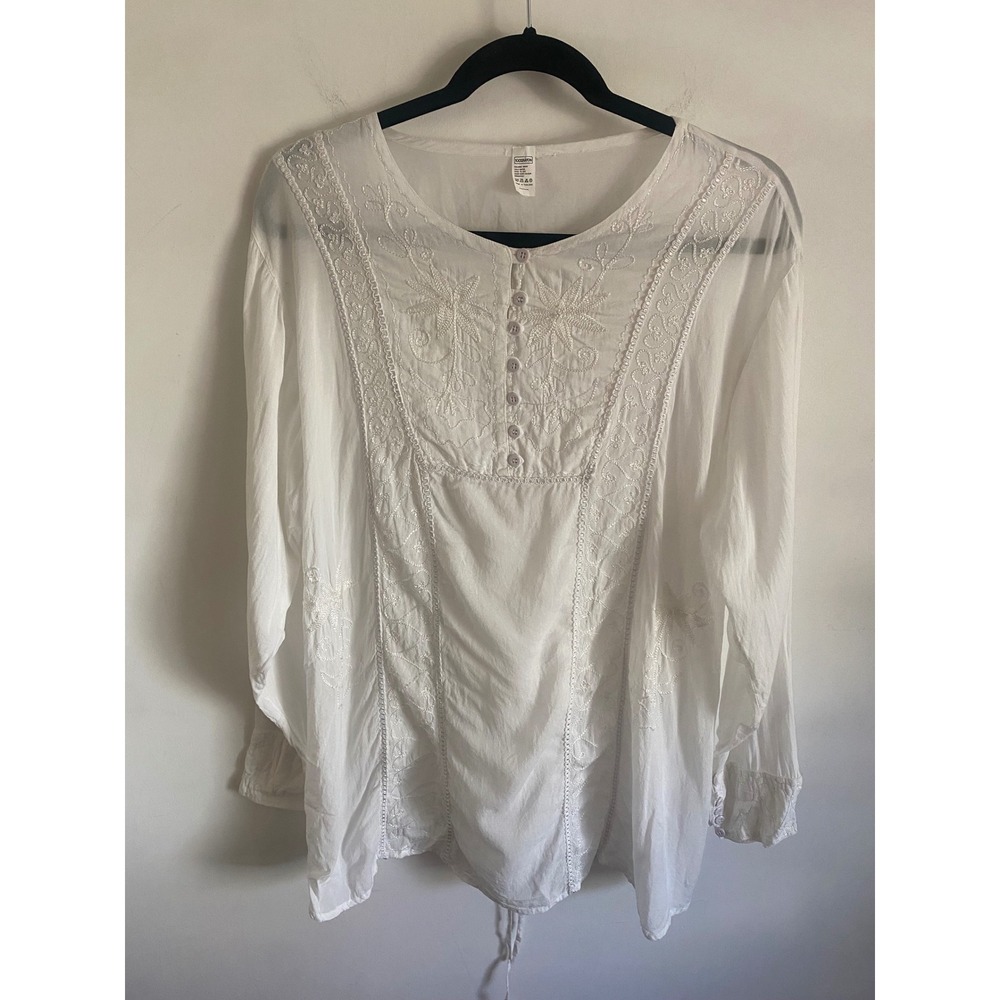 Womens White Embroidered Lace Up Back Tunic Top Long‎ Sleeve Rayon